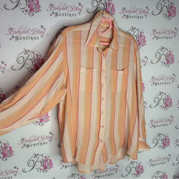 Button up creamsicle striped cream orange soft buttery top comfy oversized - Picture 2 of 11